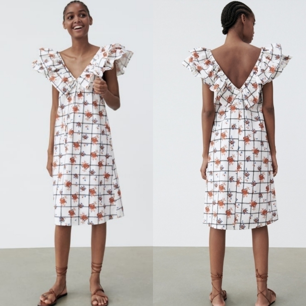 New Zara Floral Print Brock Collection/Bridgerton Style Poplin Midi Dress NWT M